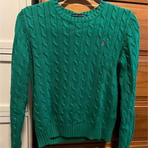 Ralph Lauren Emerald Green Cable-Knit Crewneck Sweater with Pink Pony